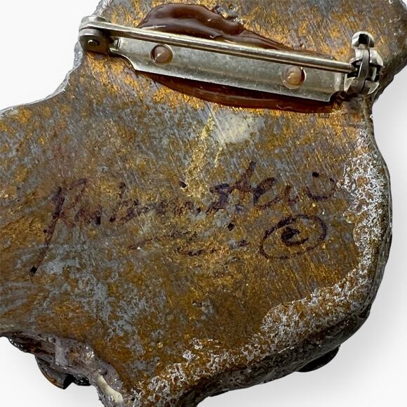 Artisan Brooch Abstract Polymer Clay Faux Pearl Silver And Gold Tone Vtg Signed - Picture 5 of 9